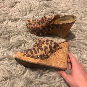 Michael Kors cheetah print leather cork wedges